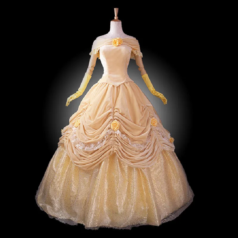 벨 코스프레 의상 공주 노란색 드레스 성인 여자를 위한 멋진 할로윈 파티 드레스
