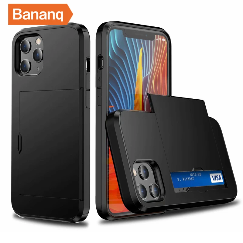 Bananq 슬라이드 카드 슬롯 전화 케이스 아이폰 11 12 13 14 프로 최대 Mini X XR7 8Plus SE 내 카드백 커버