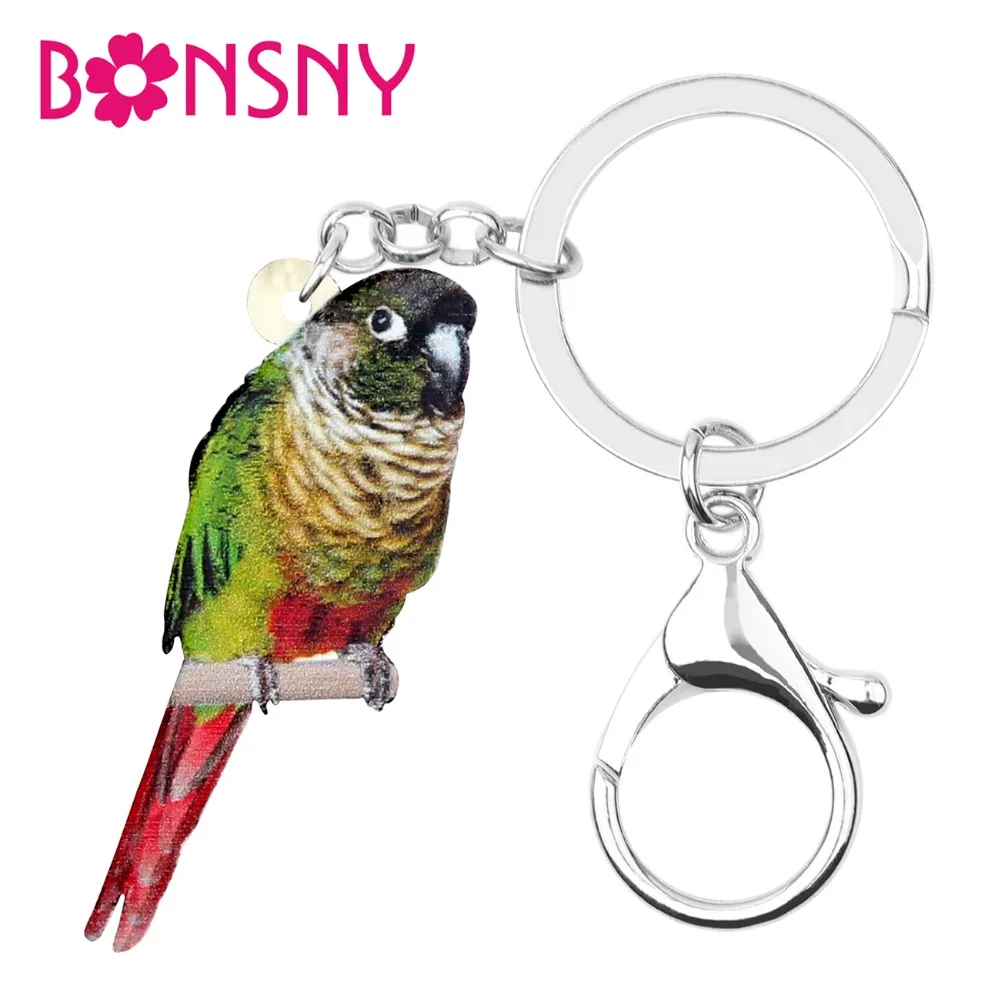 Bonsny 아크릴 녹색 뺨 Conure 새는 열쇠 Keychain 링 패션 동물의 보석이 여성 펜던트 가방식