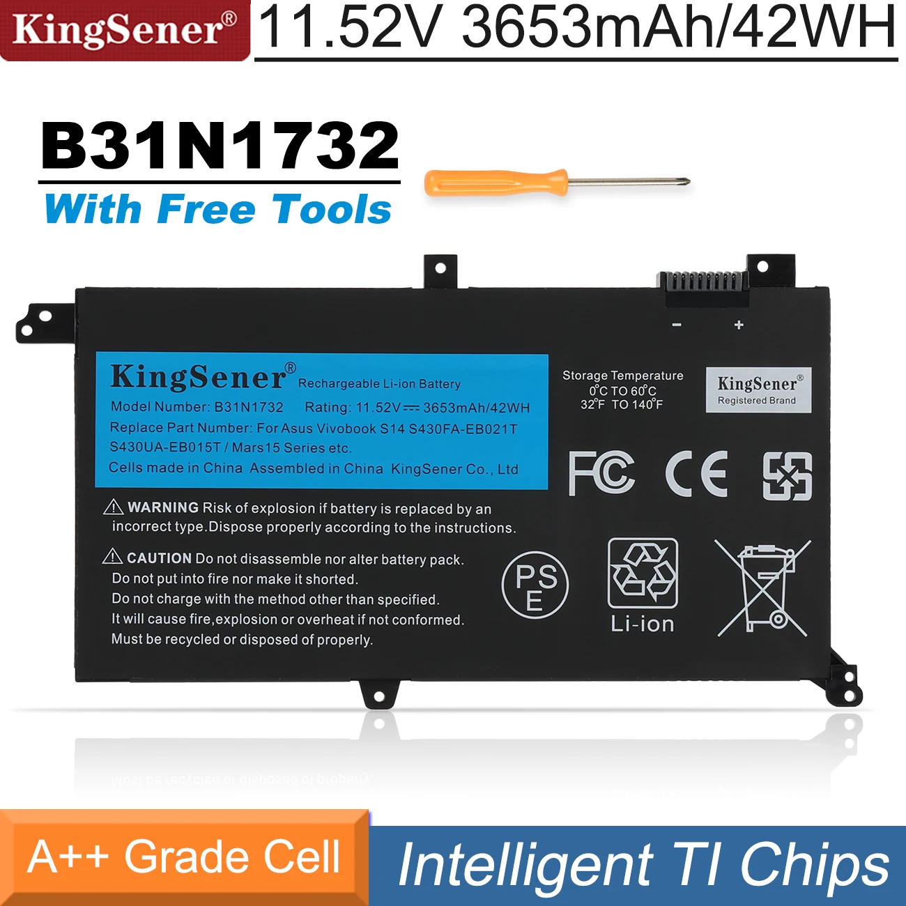 KingSener B31N1732 노트북 배터리 ASUS VivoBook X430UA X430UF X430UN X430FA X430FN X571G X571LH X571GT11.52V42WH