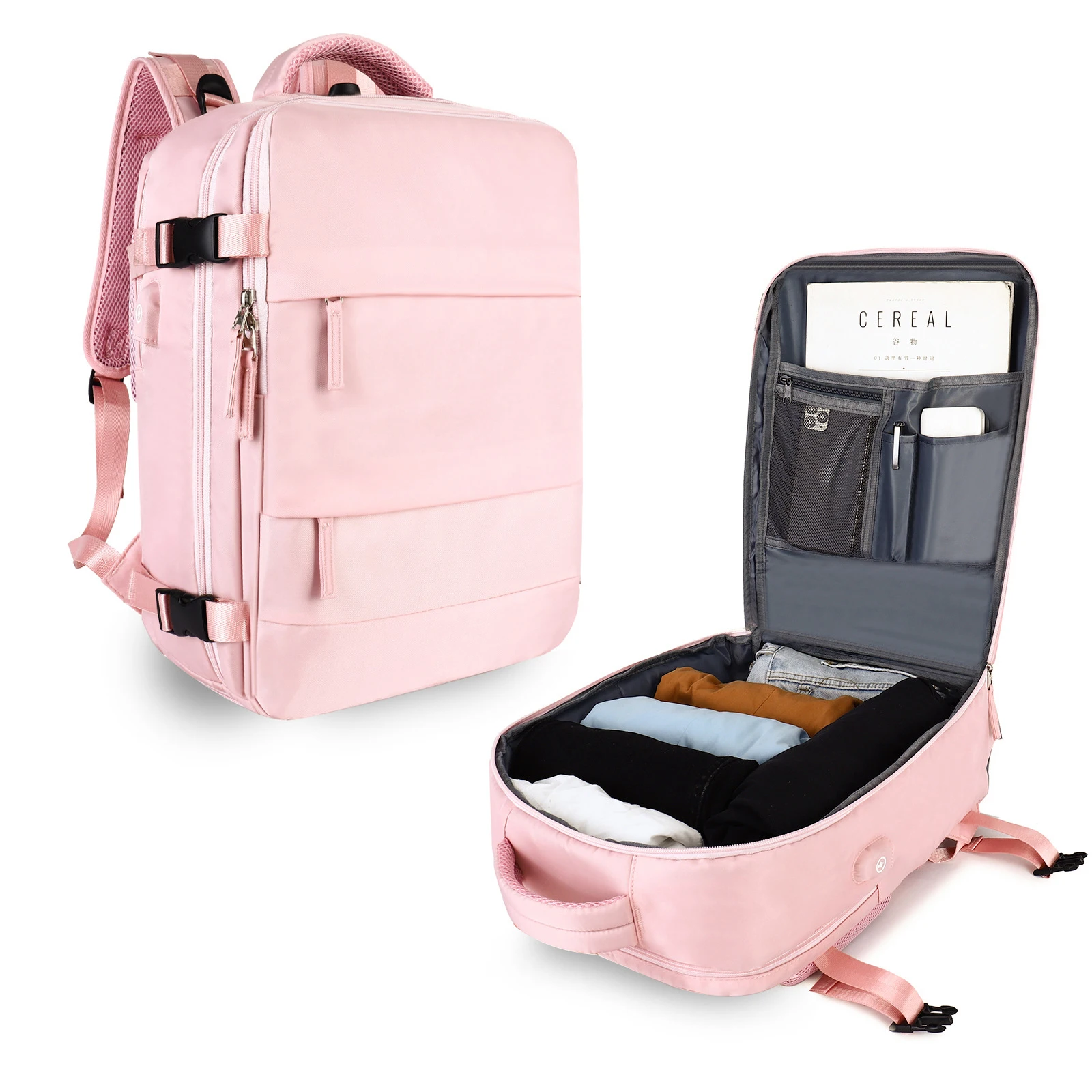 분홍색 여행 책가방 여성이 비행기는 대용량 다기능 수화물 보 USB 충전 경량 방수 부대 스포츠 스포츠