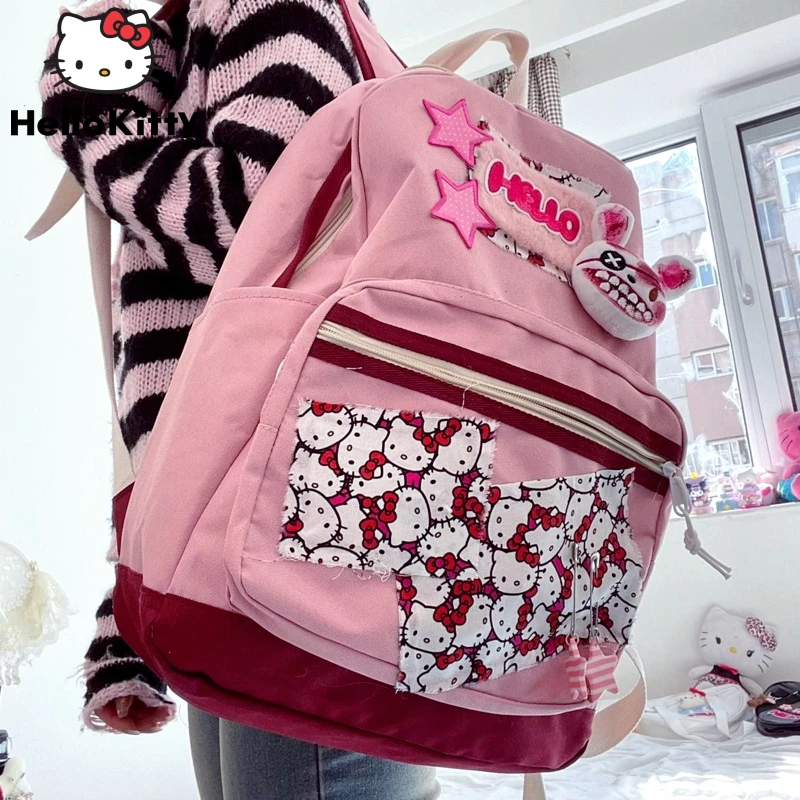산리오 Hello Kitty 회색 분홍색 여자를 위해 Backpacks Y2k Goth2023 새로운 질감 학생 배낭 그런 청소년 빈티지 책가방